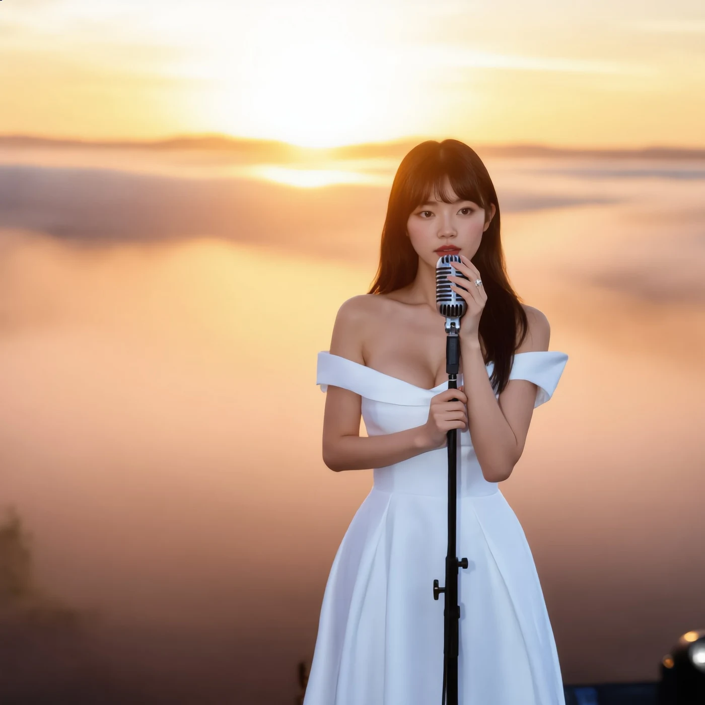 Judy Paige en robe blanche au micro vintage, au-dessus d'une mer de nuages au lever du soleil