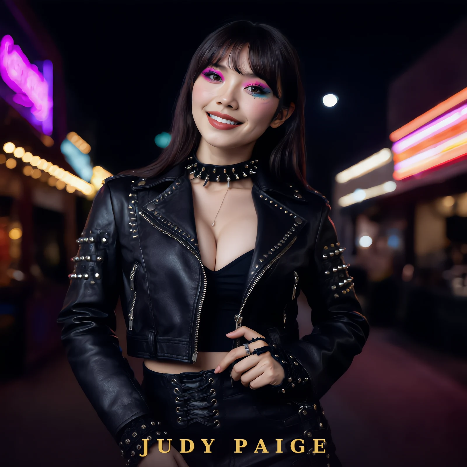 Affiche signée « Rock and Roll Judy Paige » — Judy Paige en veste de cuir cloutée sous les néons d'une rue la nuit, sans le titre de la chanson, signée « JUDY PAIGE » en doré au bas