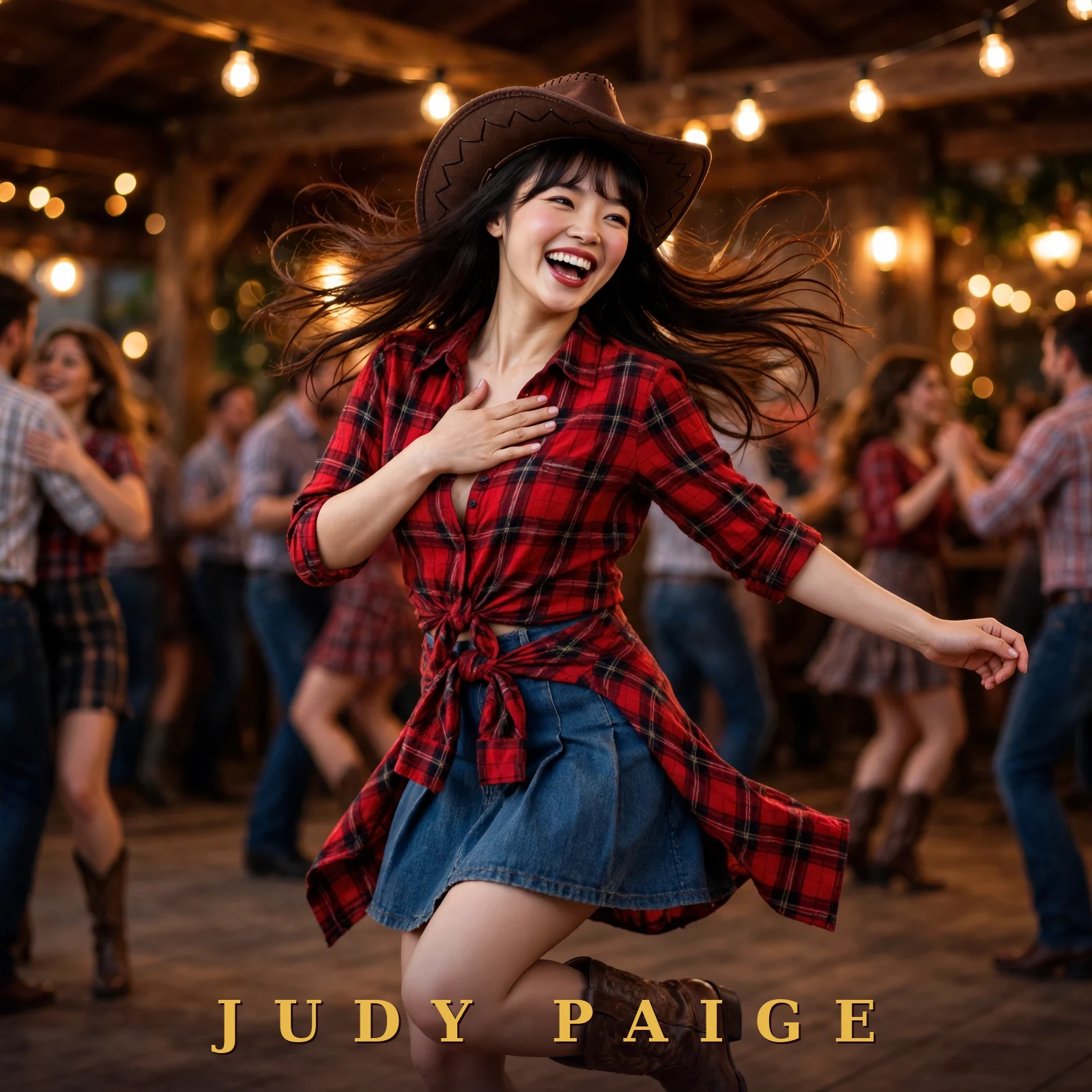 Affiche signée « Judy Paige Loves to Country Dance » — Judy Paige en pleine danse country joyeuse dans une grange aux guirlandes dorées, chemise à carreaux rouge nouée, jupe de denim, bottes et chapeau de cowboy, signée « JUDY PAIGE » en doré au bas