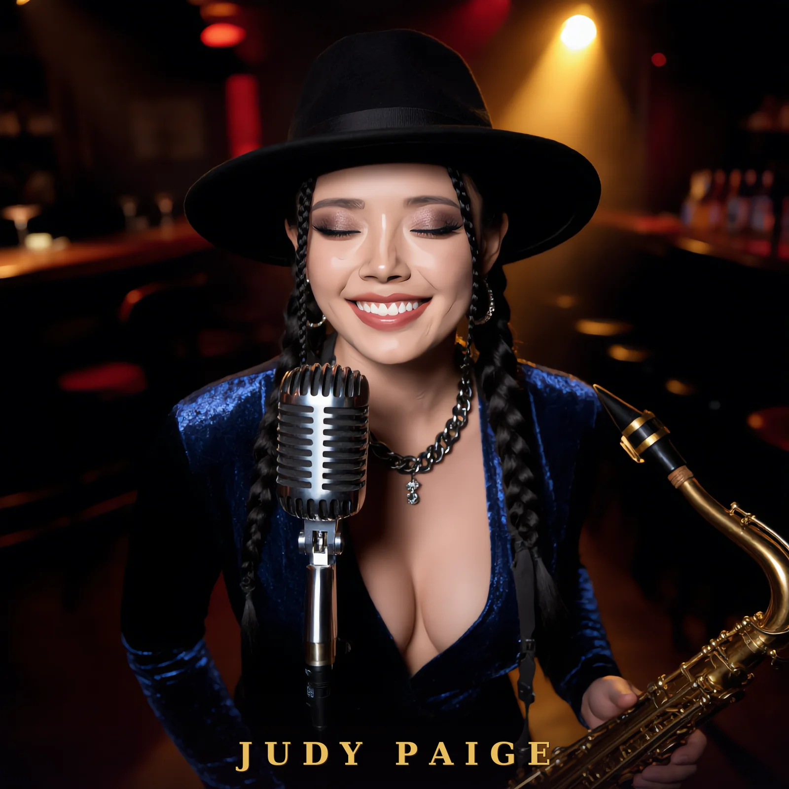 Affiche signée — Judy Paige au saxophone dans un club de jazz, les yeux fermés, le grand sourire, signée « JUDY PAIGE » en doré au bas
