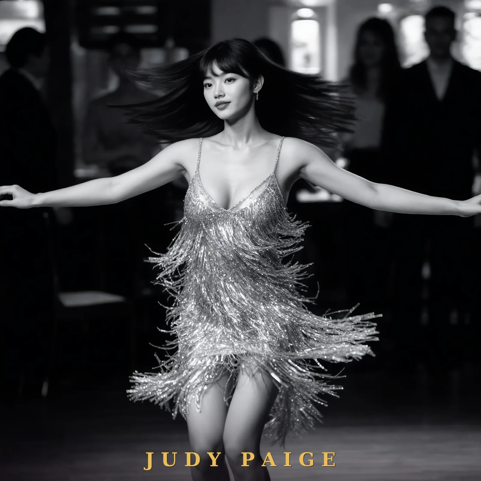 Affiche signée — Judy Paige en danseuse aux franges d'argent, en noir et blanc, les cheveux au vent, signée « JUDY PAIGE » en doré au bas
