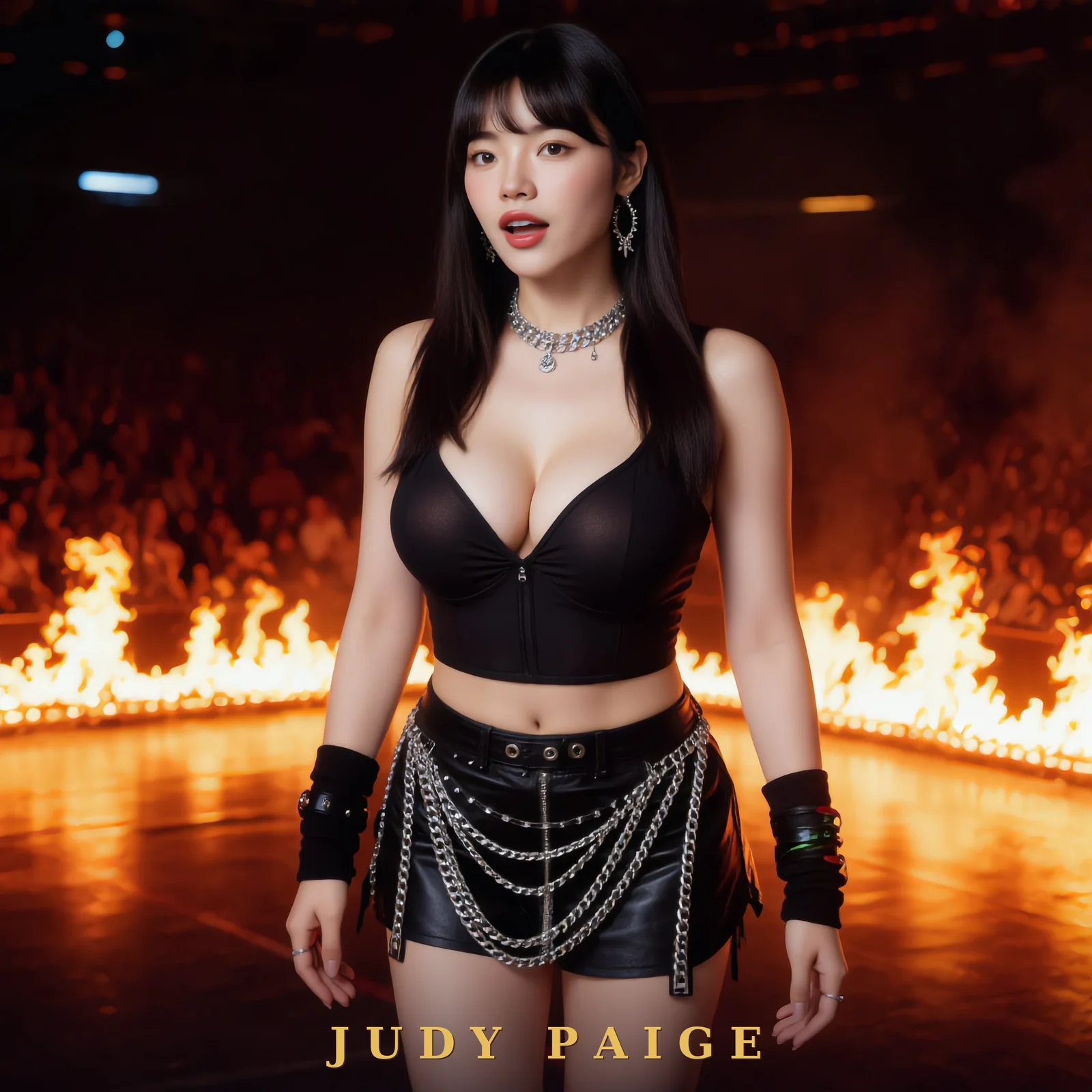 Affiche signée — Judy Paige en rockeuse devant une arène de feu, signée « JUDY PAIGE » en doré au bas