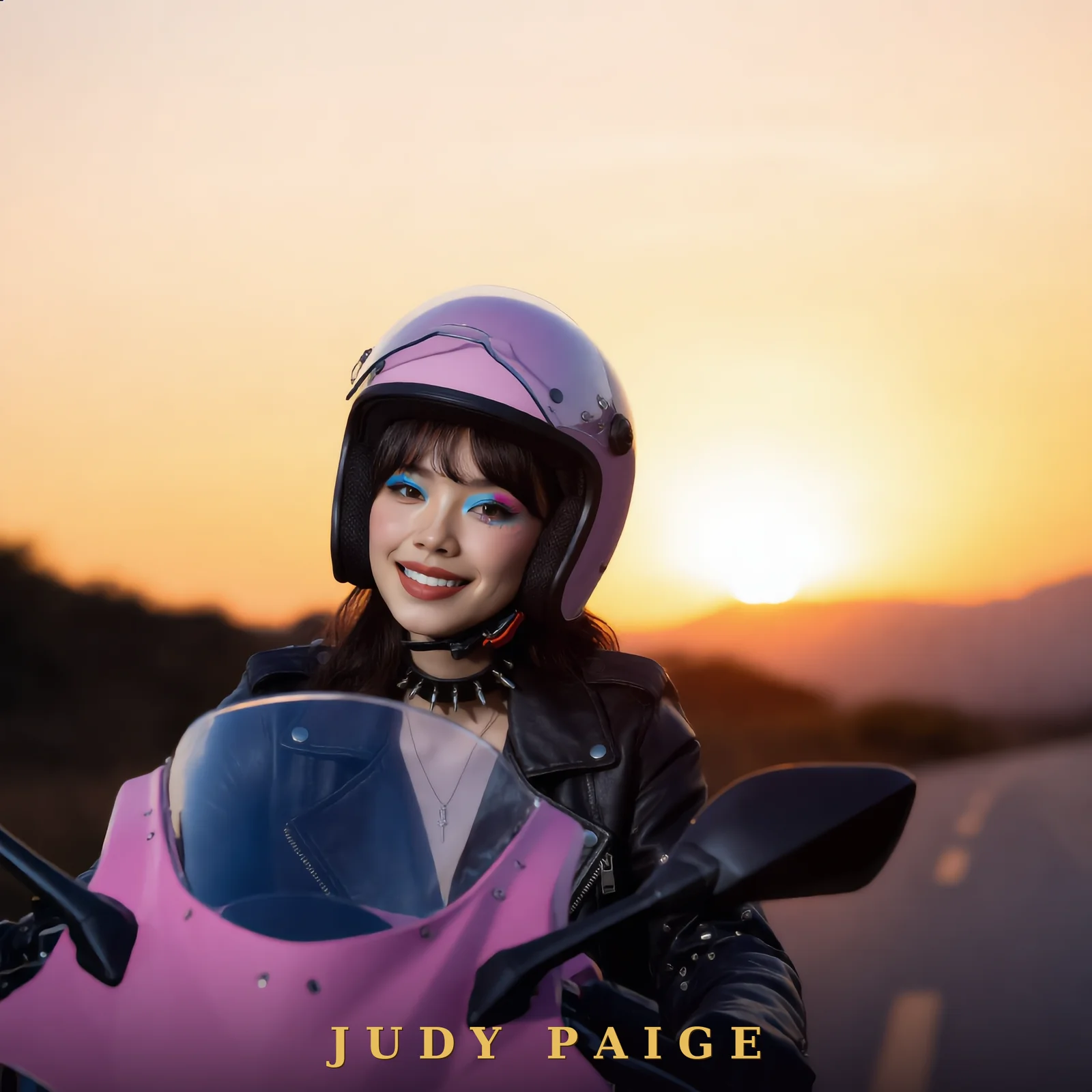 Affiche signée — Judy Paige sur une moto rose au couchant, sous un casque rose, signée « JUDY PAIGE » en doré au bas