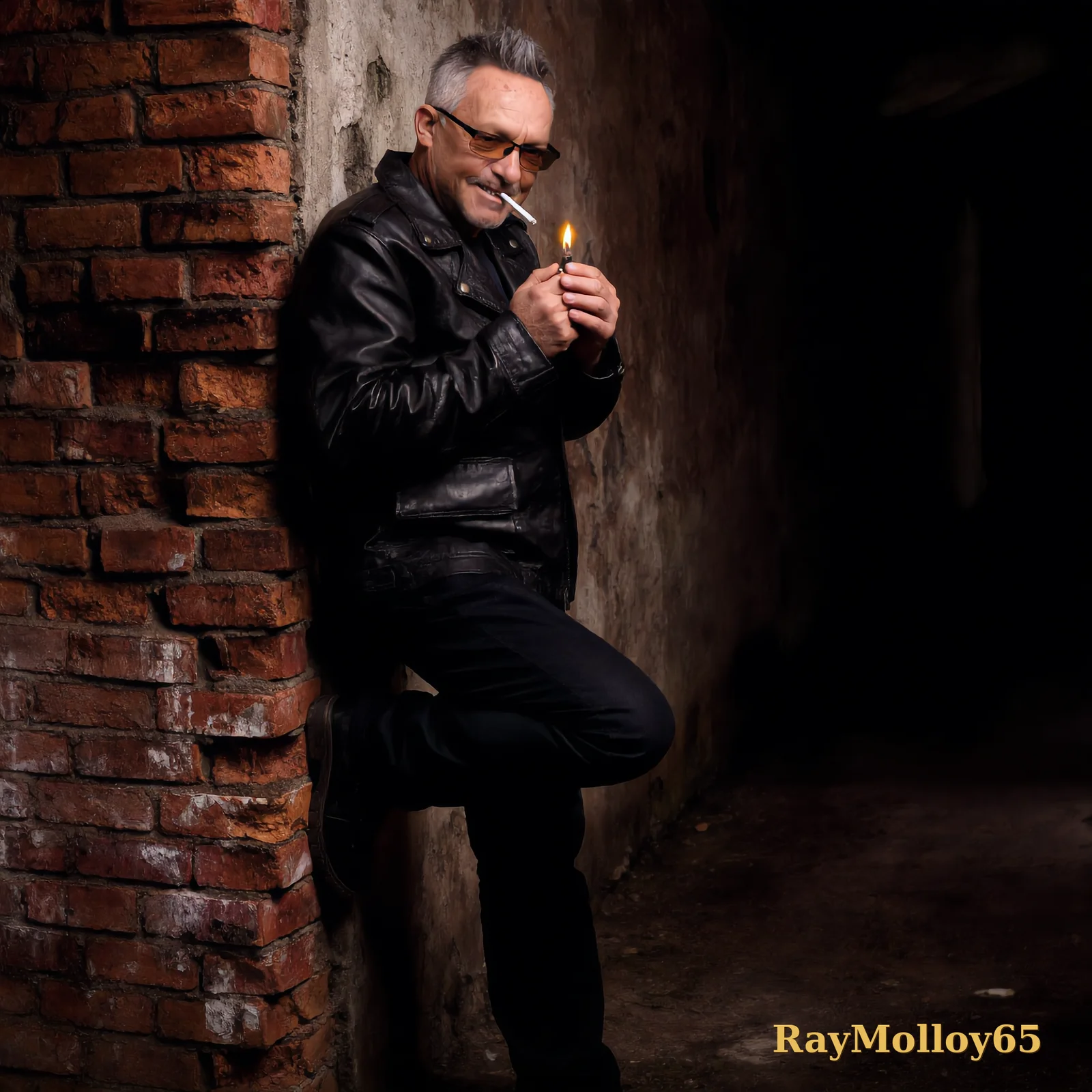 Affiche signée — RayMolloy65 en cuir contre un mur de brique, allumant sa cigarette dans l'ombre, signée « RayMolloy65 » en doré en bas à droite